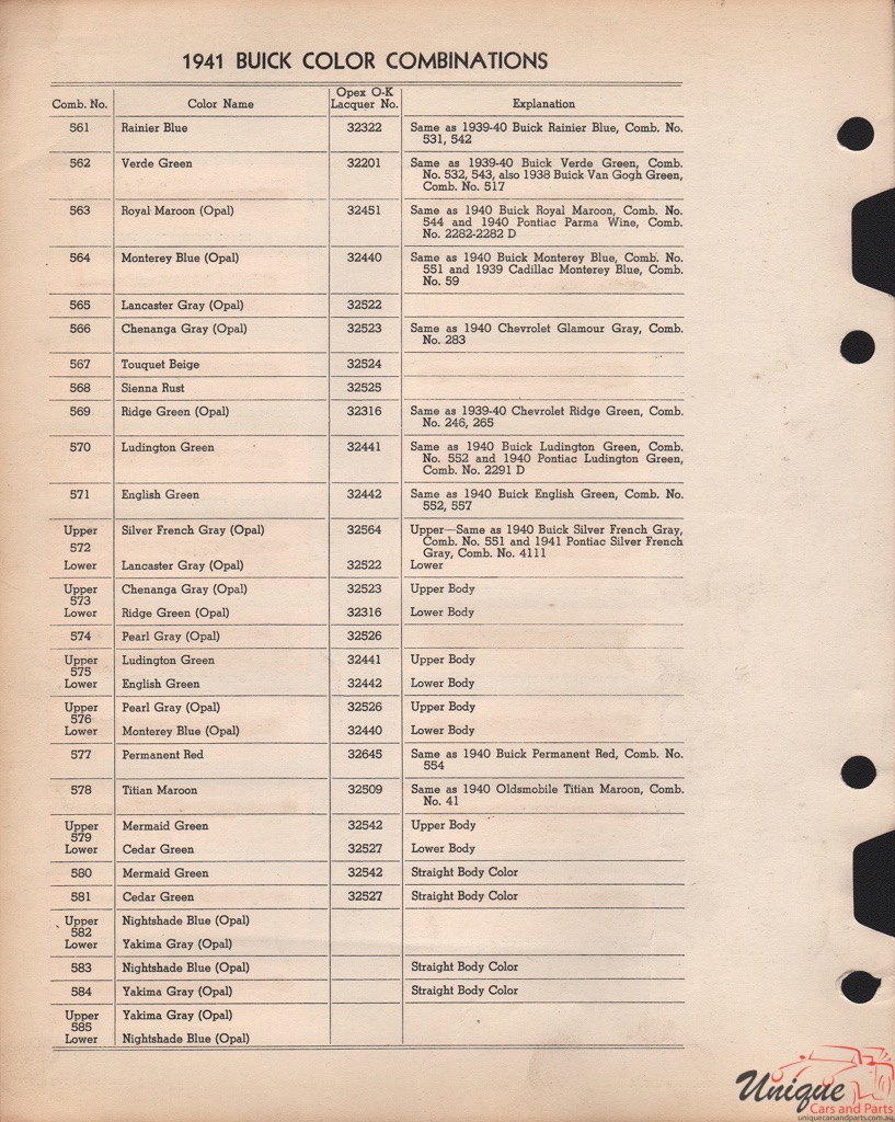 1941 Buick Paint Charts Williams 2